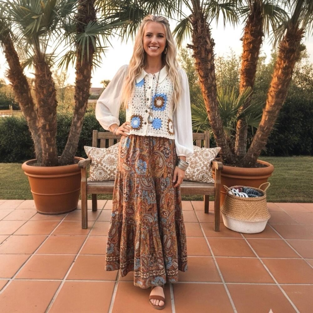Crochet Granny Square Button Knit Cardigan Boho Cottage Long Sheer Sleeves SZ XS